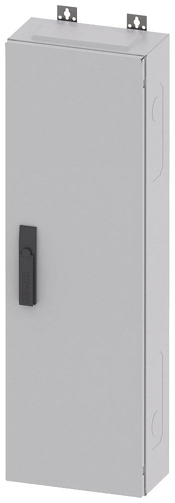 Schmaler grauer Metallschrank mit schwarzem Griff, befestigt an einer Wand.