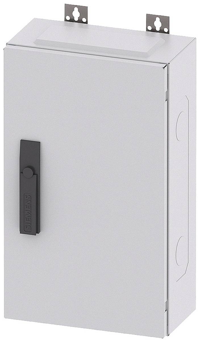 Ein grauer Metallschrank mit Tür und schwarzem Griff, zur Montage vorgesehen, geeignet für Elektronikunterbringung.