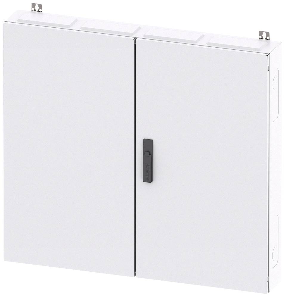 Ein weißer Metallschrank an der Wand, mit zwei Türen und einem schwarzen Griff in der Mitte, möglicherweise zur Aufbewahrung von Elektroteilen.