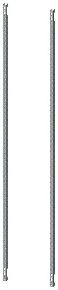 Zwei vertikale Metallstreben mit Löchern, wahrscheinlich Teil eines Regalsystems. Sie sind parallel zueinander angeordnet.