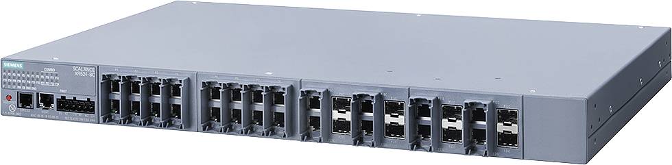 Ein grauer Netzwerk-Switch mit mehreren Ethernet-Ports auf der Vorderseite, geeignet für die Verbindung von Netzwerkgeräten.
