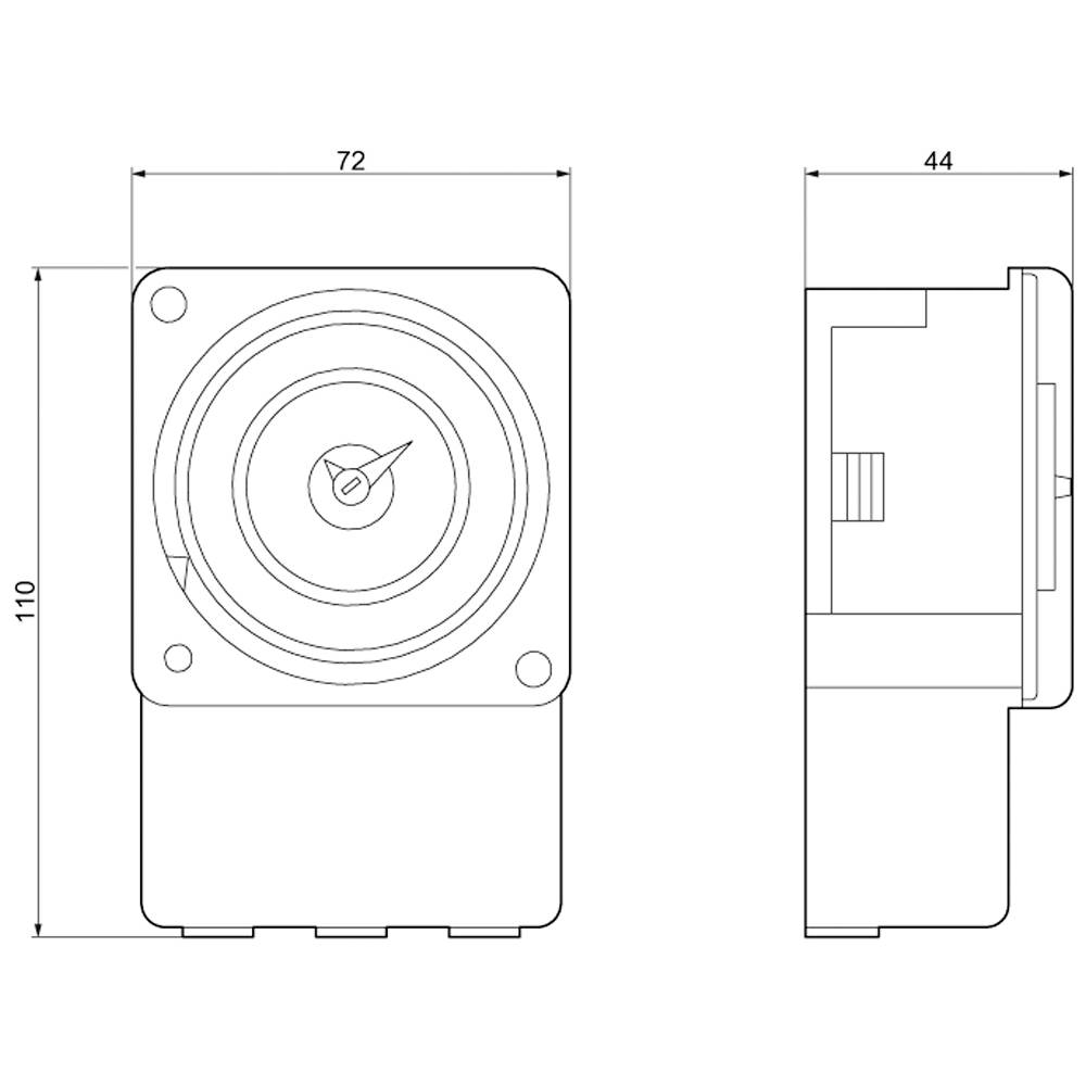 Technische Zeichnung eines quadratischen Bauteils mit Maßeinheiten: Vorderansicht zeigt 72 mm Breite und 110 mm Höhe; Seitenansicht 44 mm Tiefe.