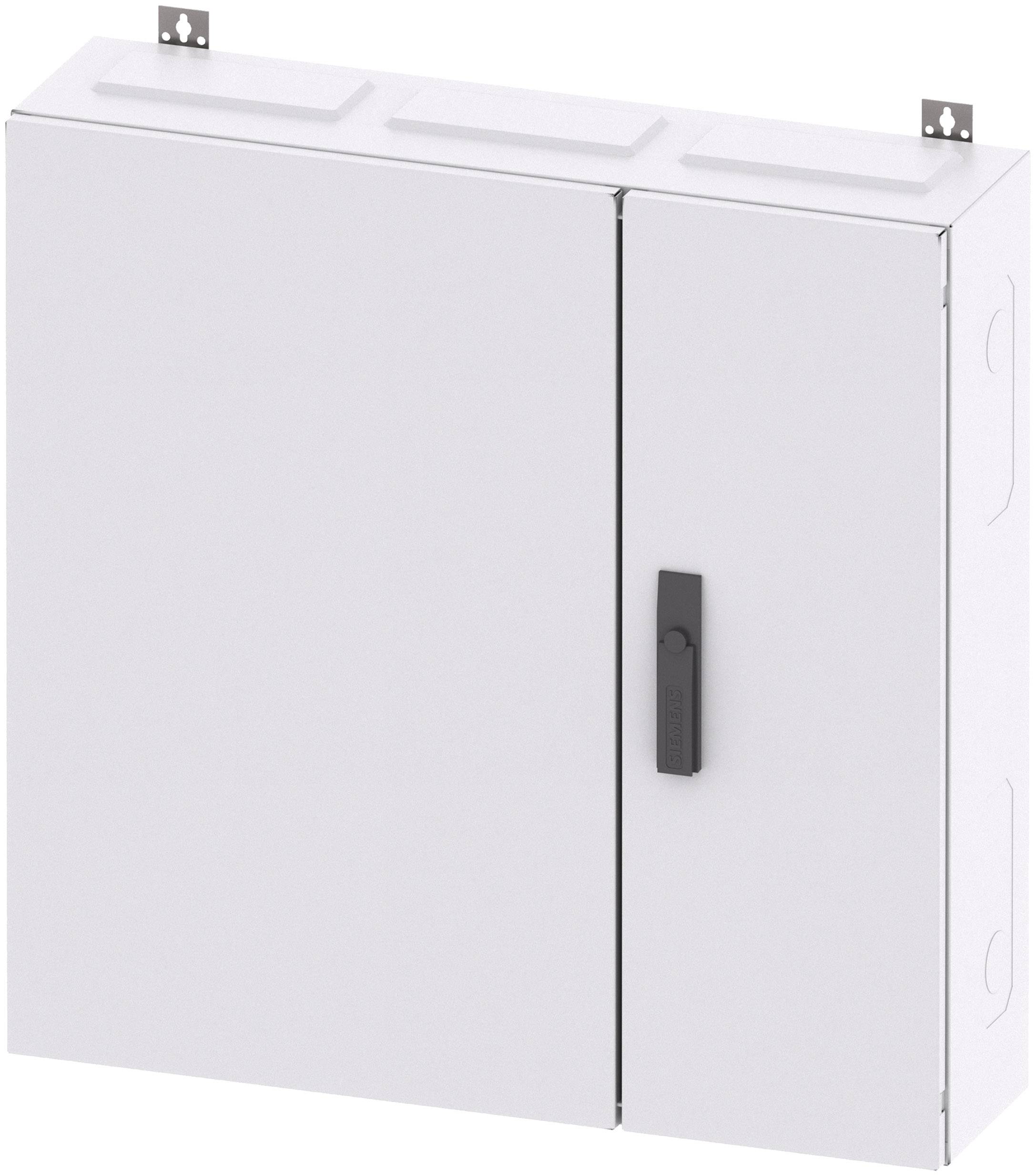Metallischer Schaltschrank mit zwei Türen, einer schwarzen Griffleiste und Befestigungsmöglichkeiten oben.