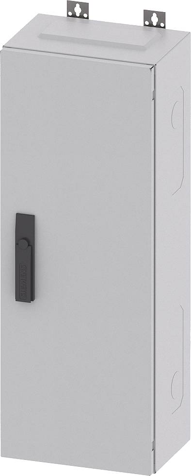 Grauer Metallschrank mit schwarzem Griff und rechteckiger Form, geeignet zur Aufbewahrung von Elektronik.