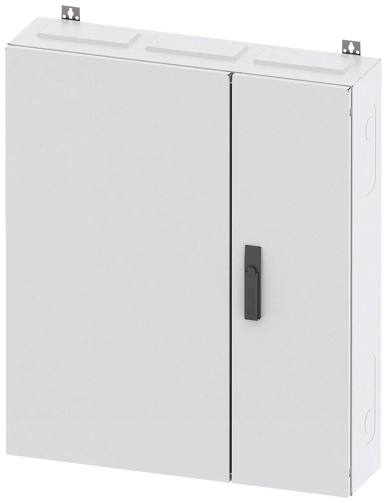 Graues Metallgehäuse mit zwei Türen und schwarzem Griff, vermutlich ein Elektroschrank oder Verteilerkasten, an der Wand montierbar.