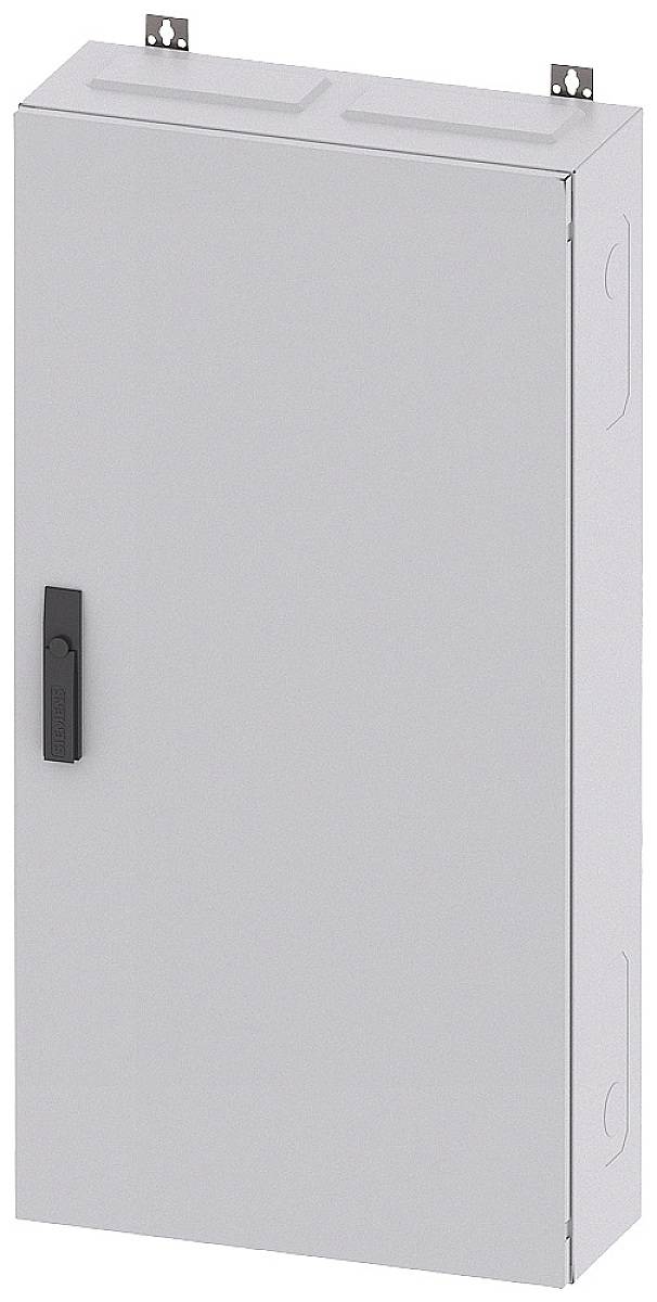 Ein grauer, rechteckiger Metallschrank mit einer schwarzen Griffleiste auf der linken Seite, an der Wand montierbar.
