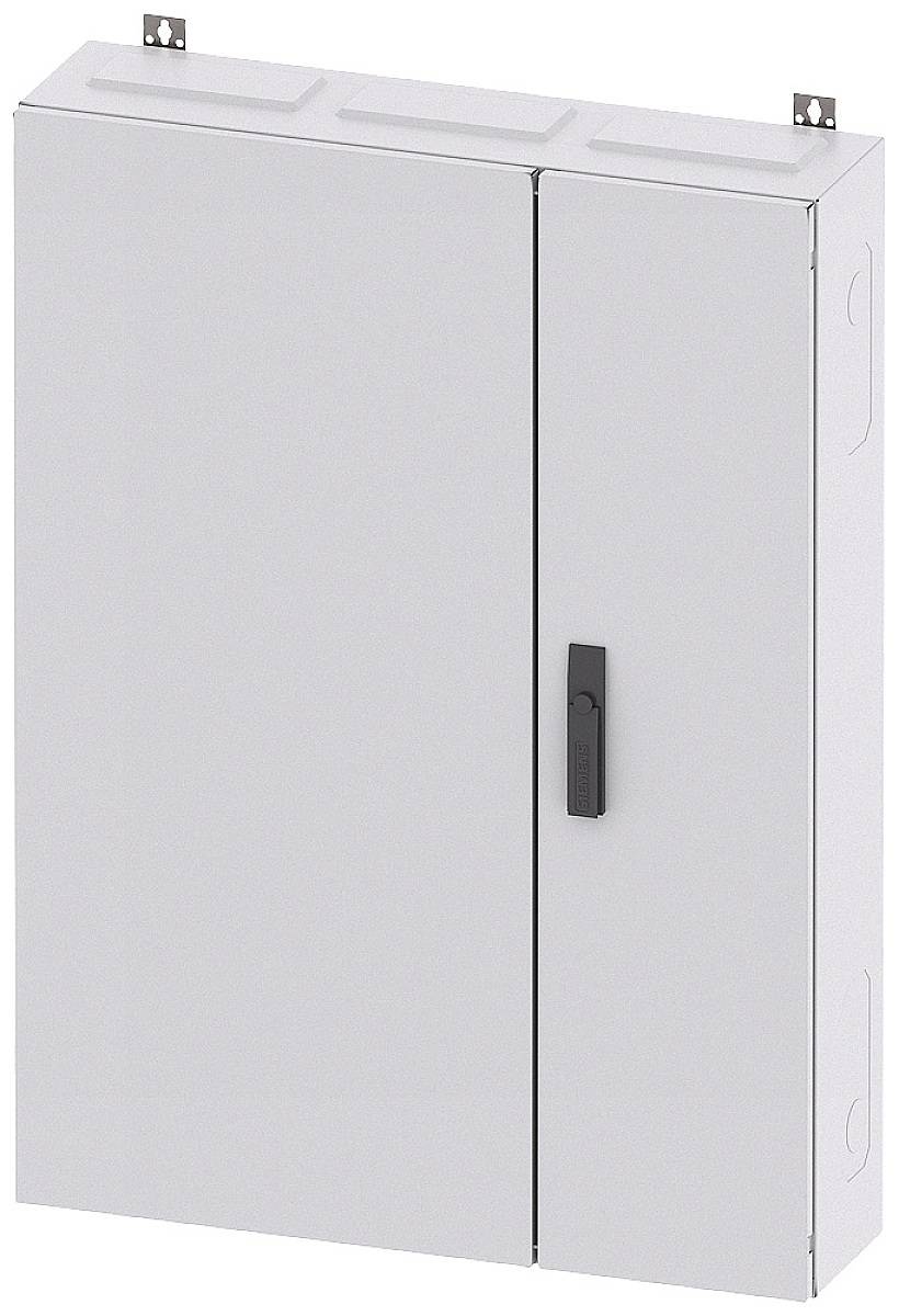 Ein rechteckiger, grauer Metallschrank mit zwei Türen und einem schwarzen Griff, meist für elektrische Installationen verwendet.
