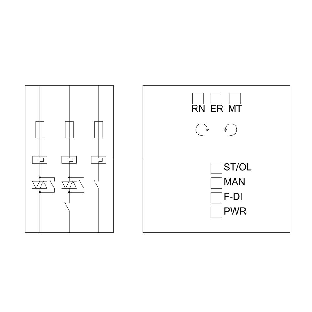 Schaltplan eines elektrischen Steuerungsmoduls mit Schaltern und Kontrollleuchten, Beschriftungen: 'RN', 'ER', 'MT', 'ST/OL', 'MAN', 'F-DI', 'PWR'.