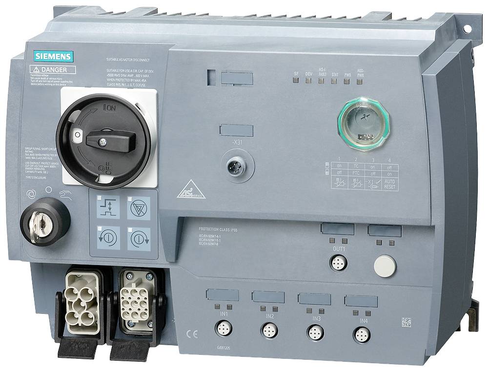 Industrieelektronik mit mehreren Anschlüssen und Einstellknopf, verwendet für Steuerungsprozesse in technischen Systemen.