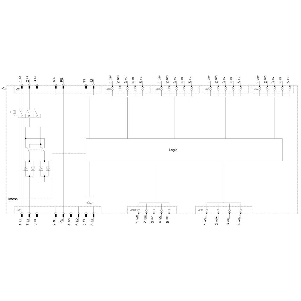 Schaltplan eines elektronischen Systems mit Eingabe, Logikmodul und Ausgabe. Komponenten sind durch Leitungen miteinander verbunden.