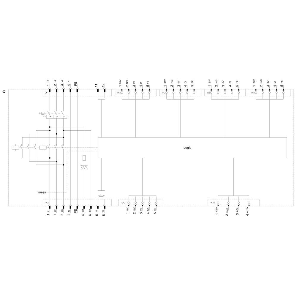 Schematischer Schaltplan eines digitalen Schaltkreises mit Eingangs- und Ausgangsports, Logikblock in der Mitte, und verbundenen Leitungen.