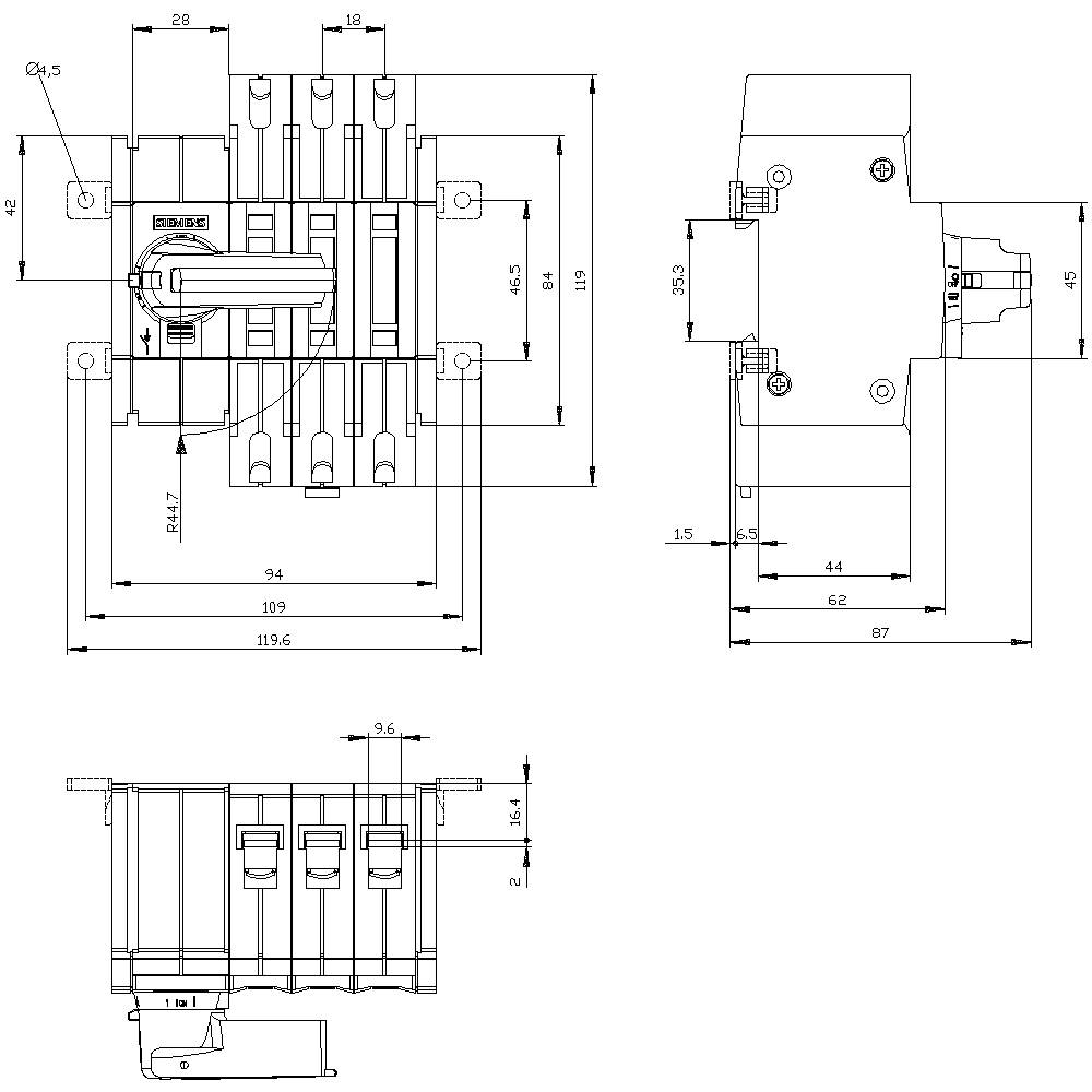 Technische Zeichnung eines elektrischen Schalters mit Maßen und Beschriftungen. Verschiedene Ansichten zeigen Details und Abmessungen.