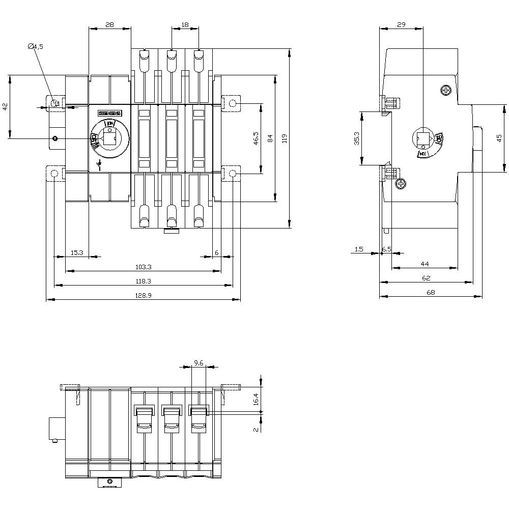 Technische Zeichnung eines elektrischen Schalters mit verschiedenen Ansichten und detaillierten Abmessungen in Millimetern.