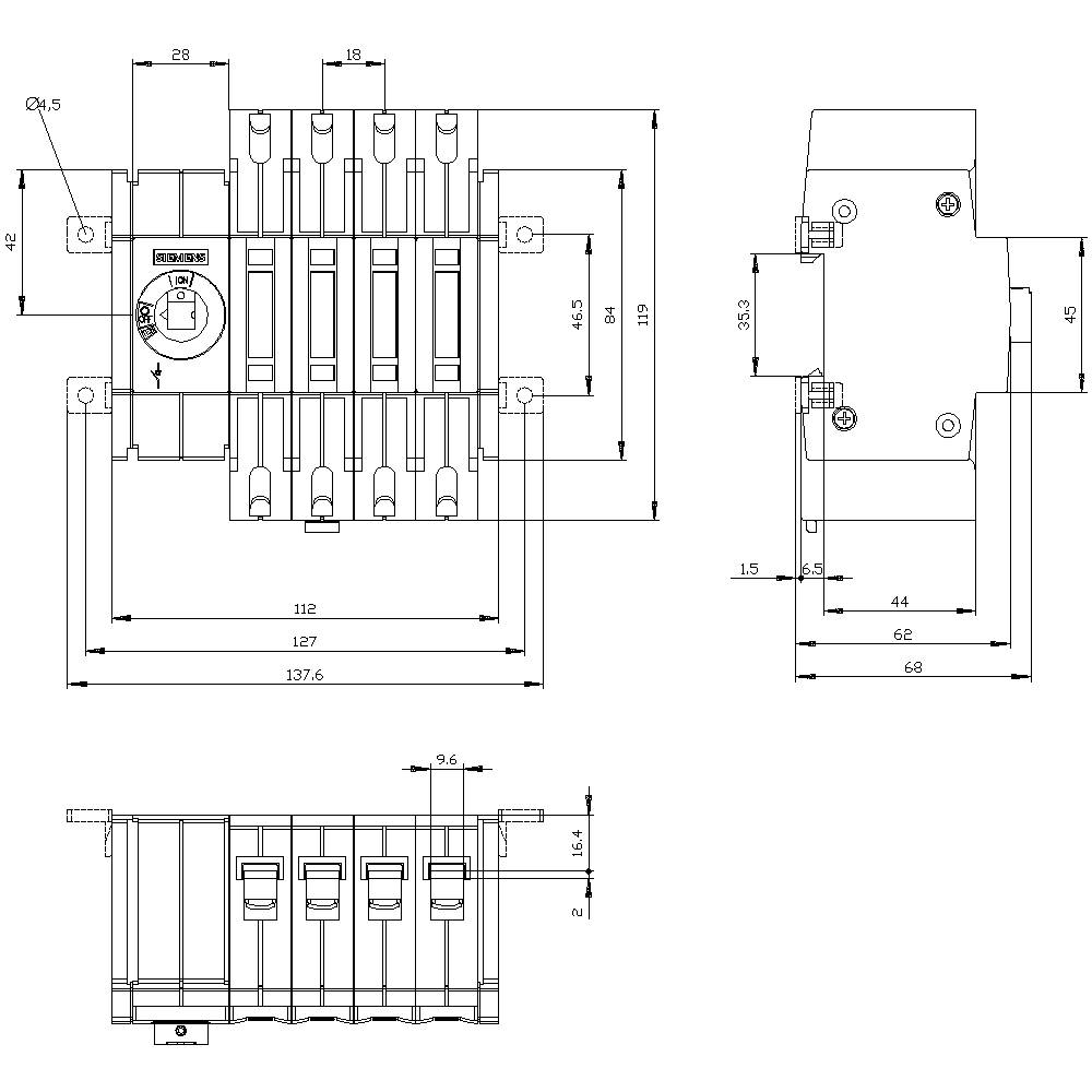 Ein technisches Diagramm zeigt die Front-, Seiten- und Draufsicht eines elektrischen Schalters mit detaillierten Abmessungen in Millimetern.