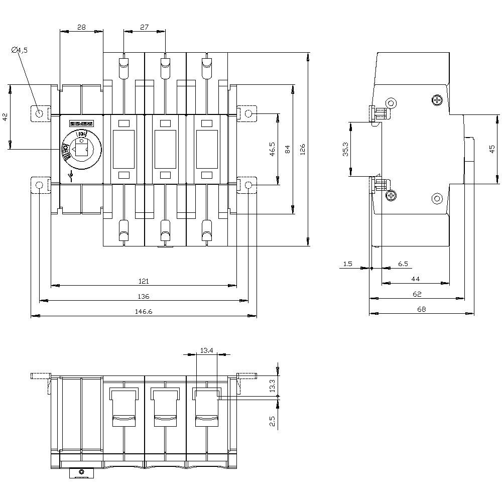 Technische Zeichnung eines elektrischen Schalters mit Abmessungen in Millimetern. Zeigt Vorder- und Seitenansicht für Installationszwecke.