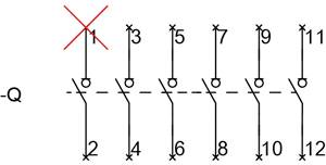 Doppelsystem Q mit einer roten X-Markierung auf der Nummer 1; Zahlen von 1 bis 12 sind abgebildet, verbunden durch eine gestrichelte Linie.