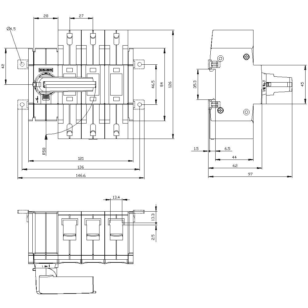 Technische Zeichnung eines elektromechanischen Schalters mit Maßangaben. Front-, Seiten- und Draufsicht zeigen detaillierte Komponenten.