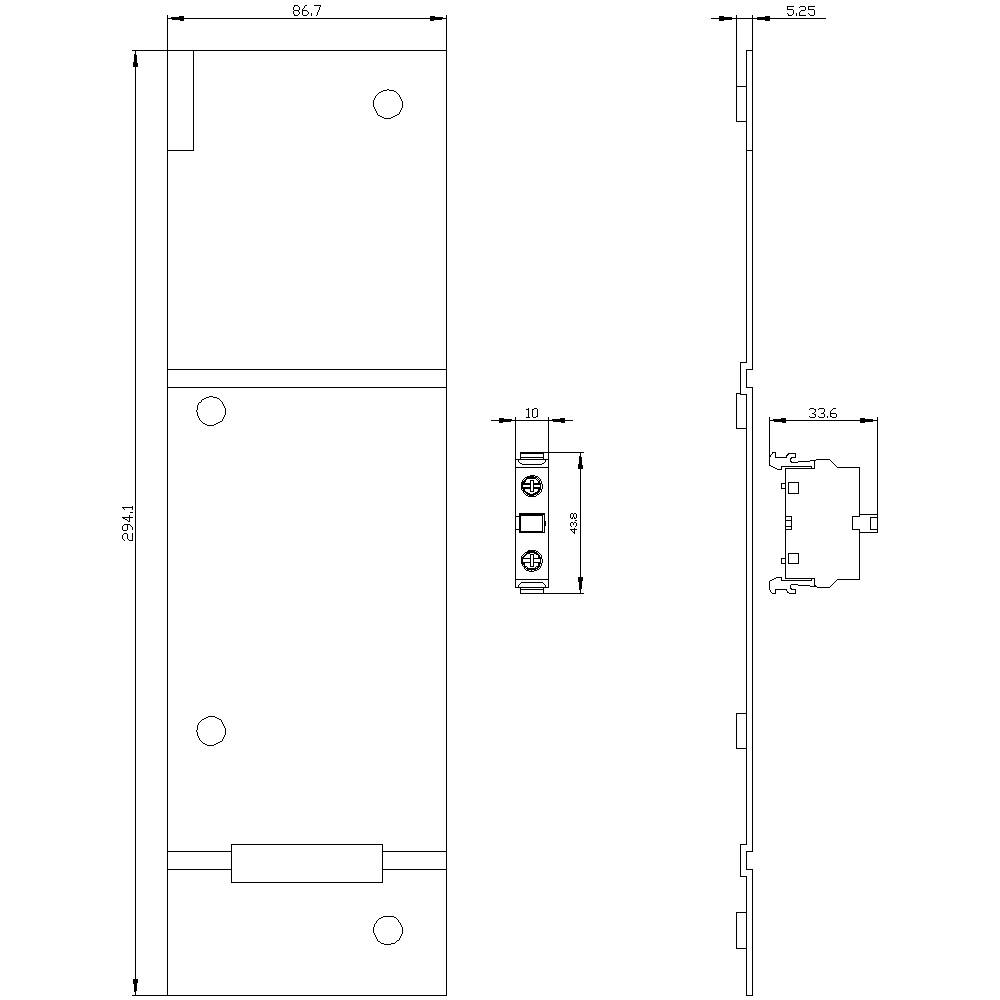 Technische Zeichnung eines rechteckigen Bauteils mit Maßen an allen Seiten. Vorder-, Seiten- und Innenansicht sind dargestellt.
