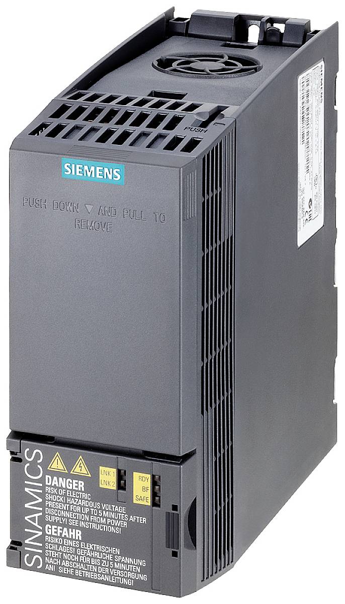 Frequenzumrichter von Siemens, Modell Sinamics, dient zur Regelung von Elektromotoren. Schwarzes, rechteckiges Gerät mit Belüftungsschlitzen.
