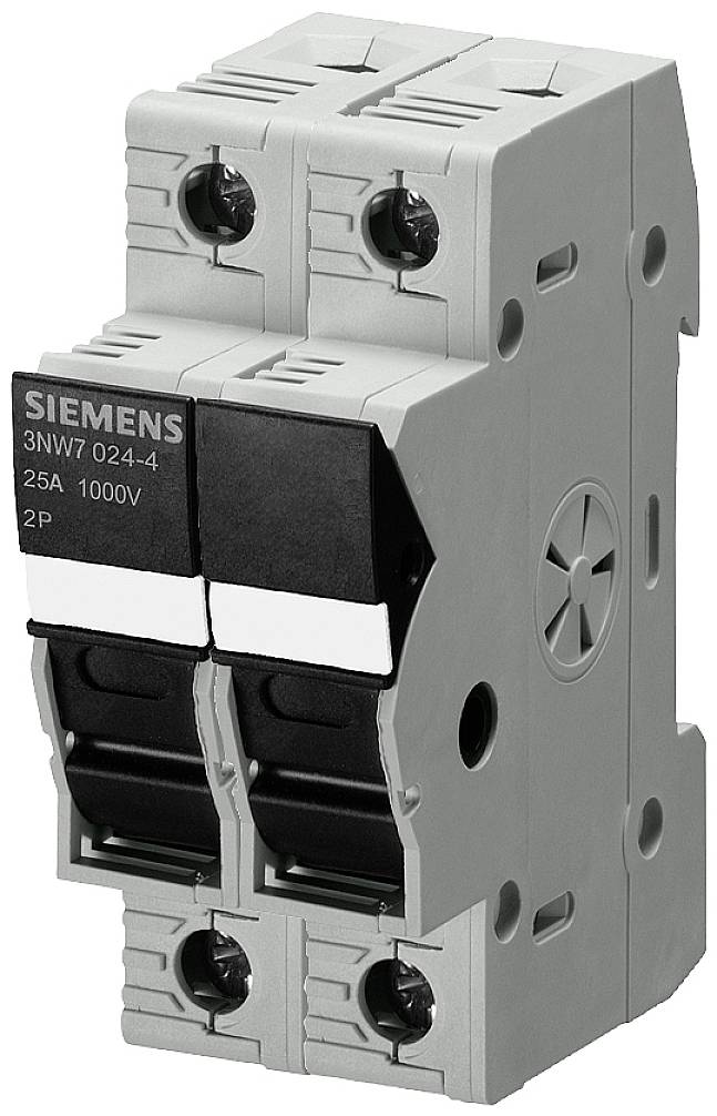 Ein grauer Sicherungsautomat von Siemens, Modell 3NW7 024-4, mit zwei schwarzen Schaltern, ausgelegt für 25A und 1000V.