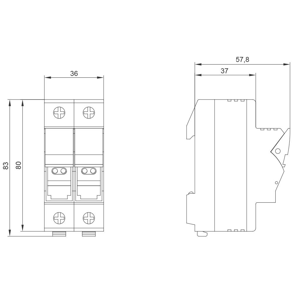Technische Zeichnung eines elektrischen Bauteils mit Abmessungen: 83 x 36 x 57,8 mm. Vorder- und Seitenansicht mit Schraubanschlüssen.