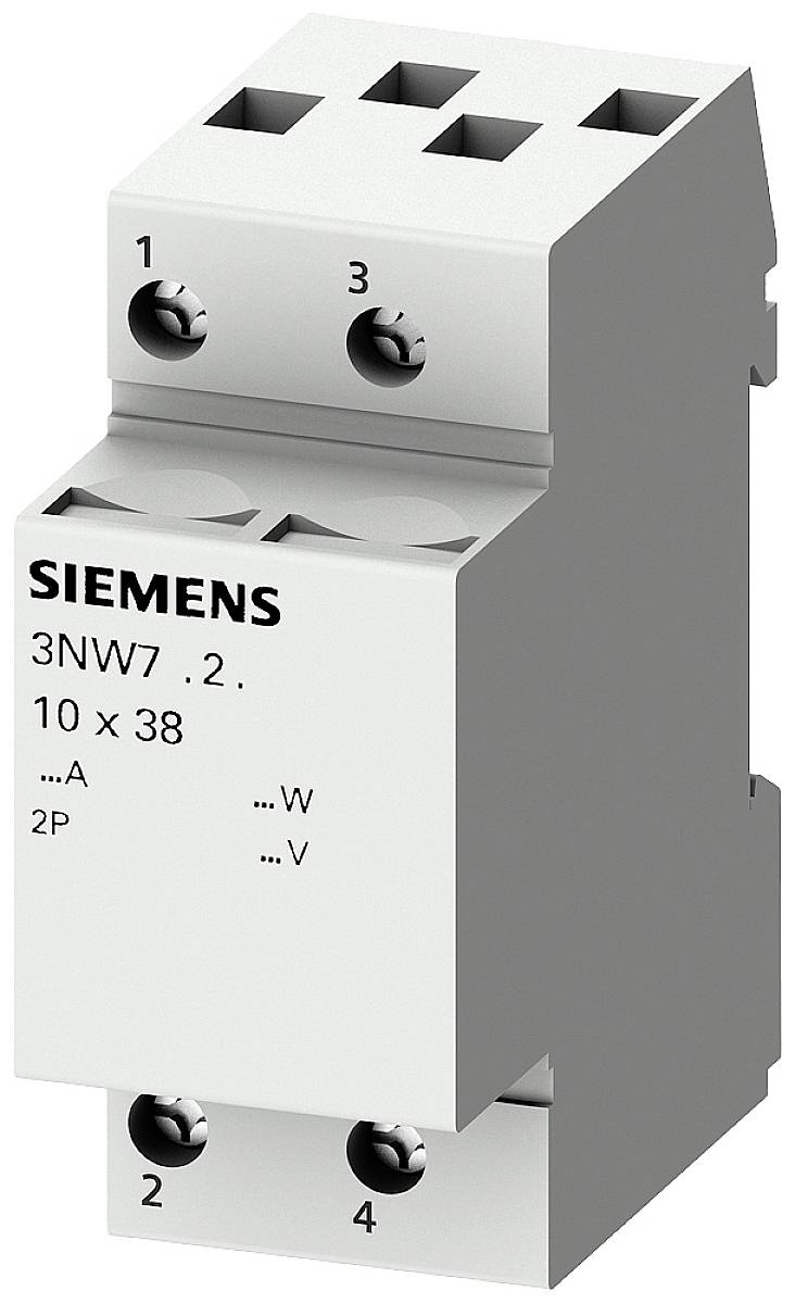 Abbildung eines Siemens-Sicherungshalters, Modell 3NW7, 10x38 mm, 2-polig, für elektrische Sicherungen, mit vier Anschlussklemmen.