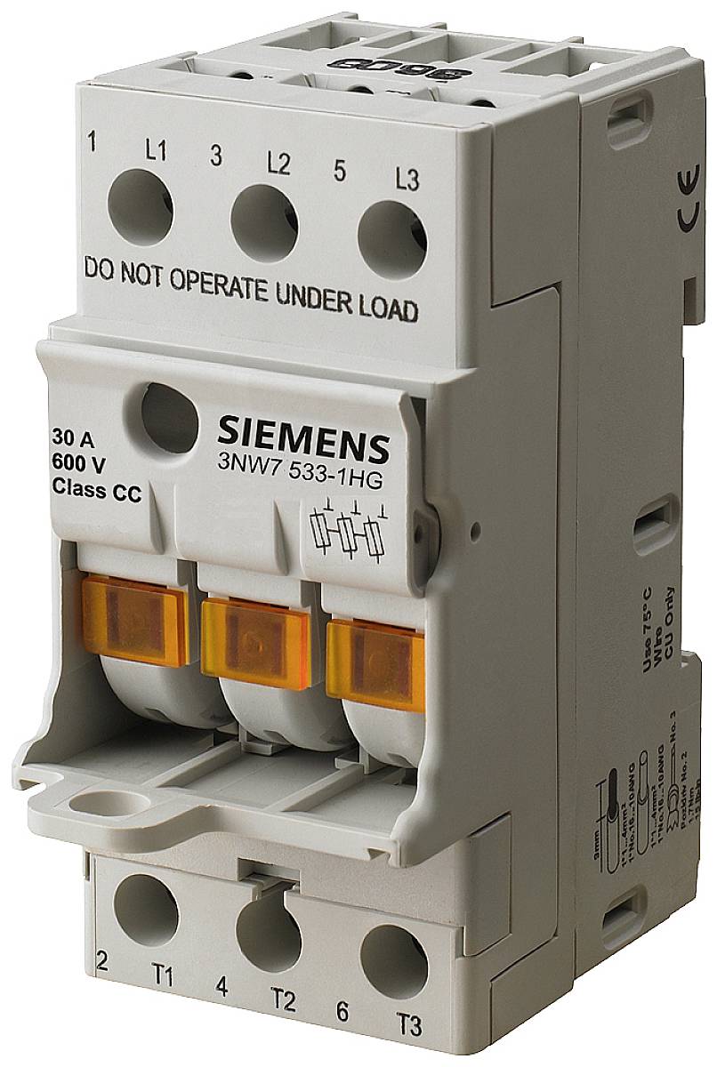 Grauer Lasttrennschalter von Siemens, Modell 3NW7, mit Aufdruck 'DO NOT OPERATE UNDER LOAD', 600 V, 30 A, drei Pole sichtbar.
