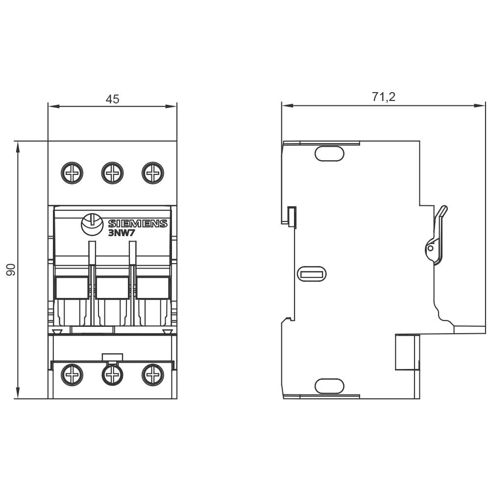 Zeichnung eines elektrischen Schalters, Vorder- und Seitenansicht mit Abmessungen 45x90 mm und 71,2 mm Länge.