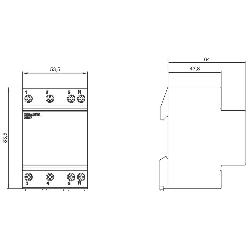 Das Bild zeigt technische Zeichnungen eines elektronischen Geräts mit Maßangaben 83,5 mm x 53,5 mm x 64 mm. Front- und Seitenansicht sind dargestellt.