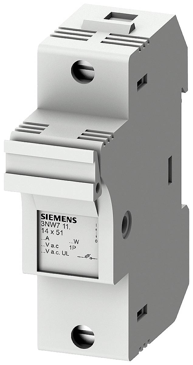 Ein elektrischer Sicherungshalter von Siemens in einem grauen Gehäuse, geeignet für Sicherungen der Größe 14 x 51 mm.