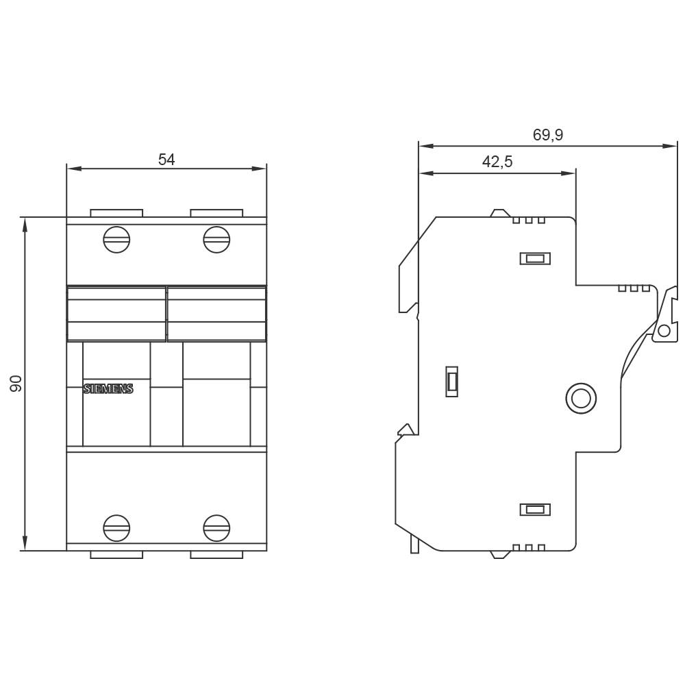 Technische Zeichnung eines Leistungsschalters mit Maßen: Breite 54mm, Tiefe 42,5mm, Höhe 90mm; Rückansicht zeigt Detaildesign.
