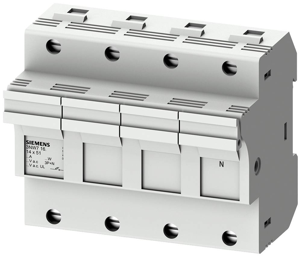 Ein elektrischer Leistungsschalter, vierpolig, von Siemens, montiert zur Regelung und Sicherung von elektrischen Stromkreisen.