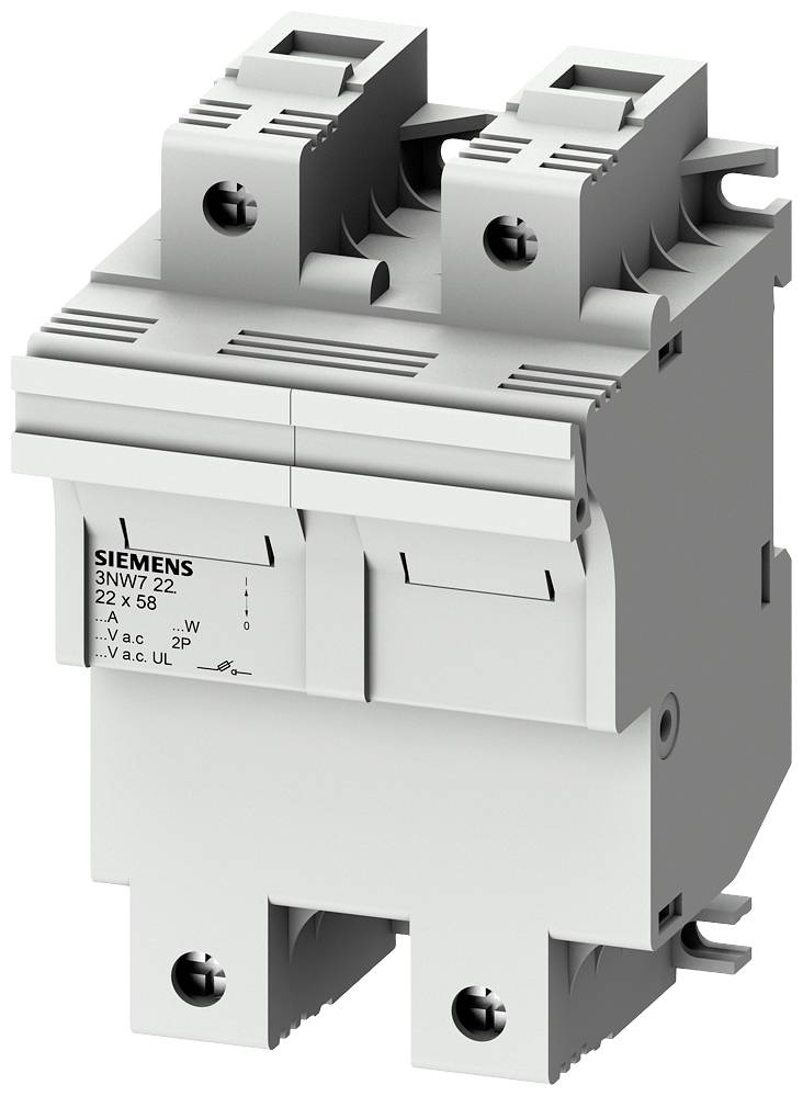 Zweipoliger Lasttrennschalter von Siemens, Modell 3NW7, zum Schutz elektrischer Schaltungen durch Unterbrechung des Stromflusses.