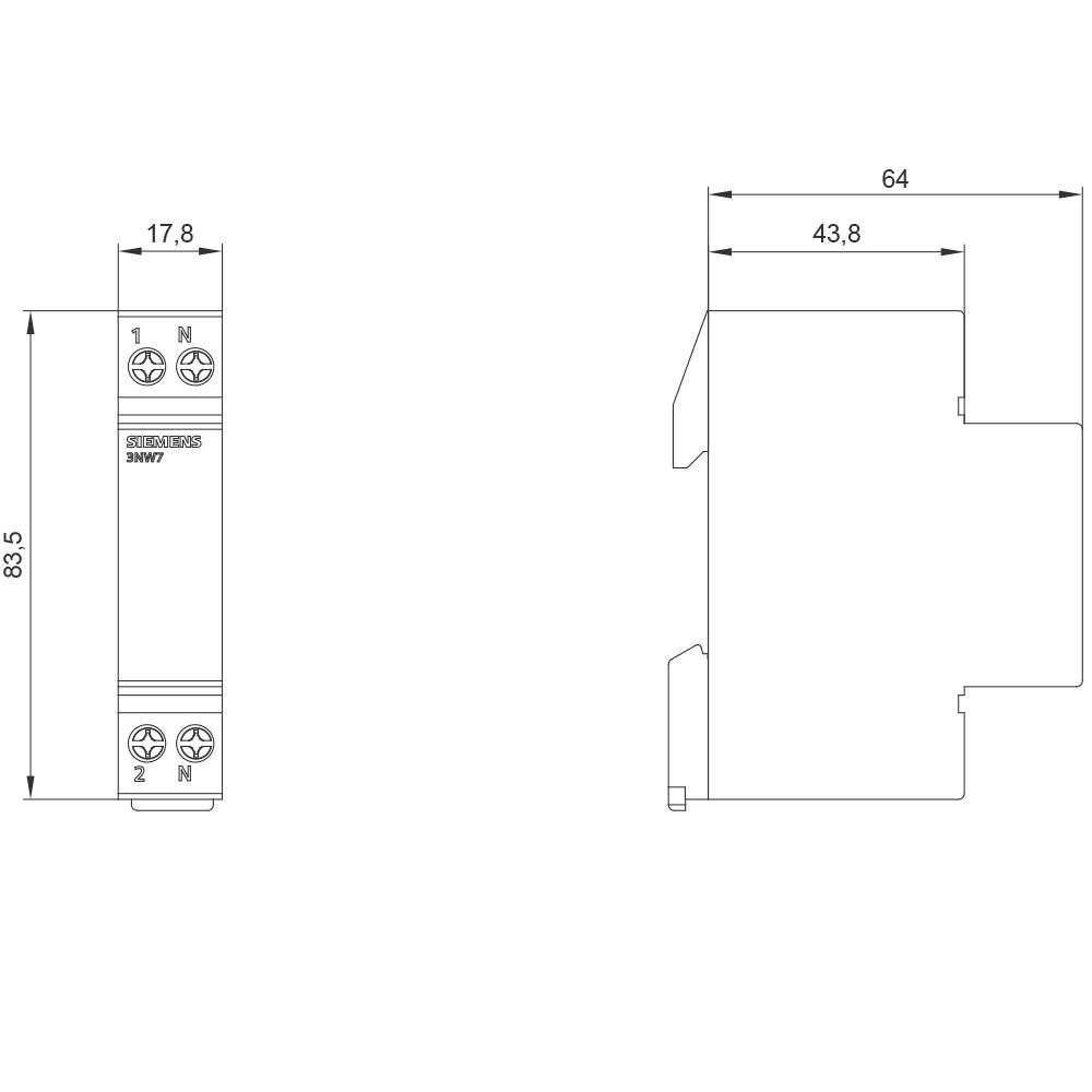 Zeichnung eines elektronischen Bauteils mit Abmessungen: Breite 17,8 mm, Höhe 83,5 mm, Tiefe 64 mm. Front- und Seitenansicht.
