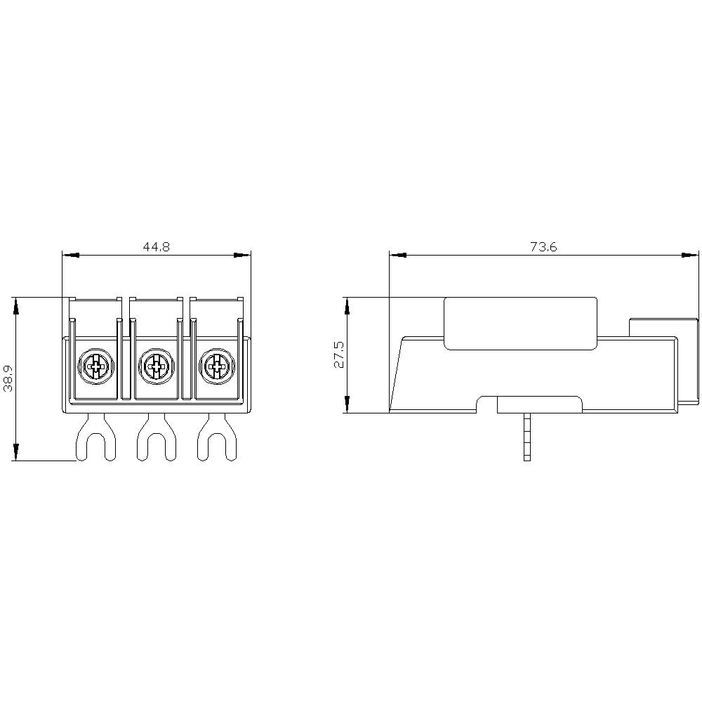 Technische Zeichnung eines Steckverbinders mit Maßen: 44,8 mm Breite, 38,9 mm Höhe, 27,5 mm Tiefe, 73,6 mm Gesamtlänge.