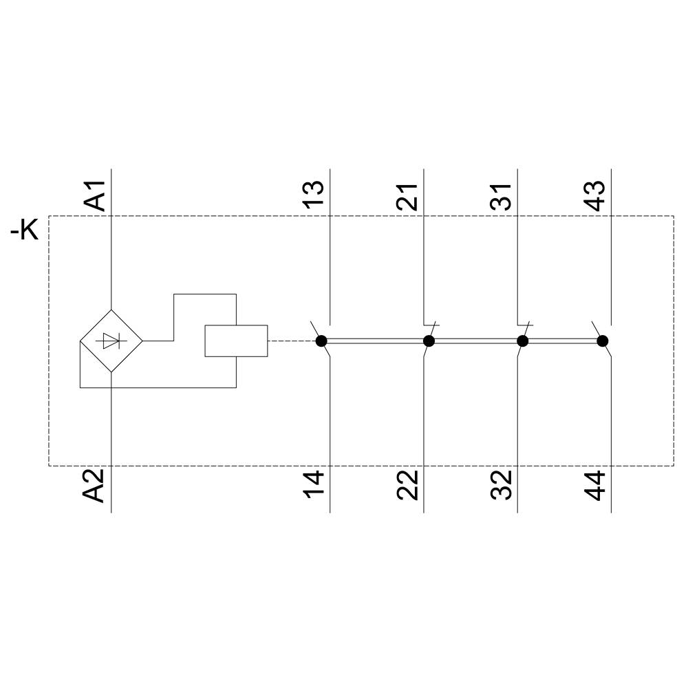 Schaltplan eines Relais mit 4 Schließer-Kontakten, links Symbole für die Spule und Diode, rechts vier nummerierte Kontaktpaare.