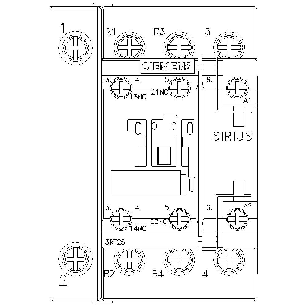 Schaltplan mit Siemens SIRIUS Kontaktor, Nummerierung und Anschlüssen R1 bis R4, sowie 13NO, 21NC, 14NO, 22NC. Hauptkomponenten: Schalter, Spule.