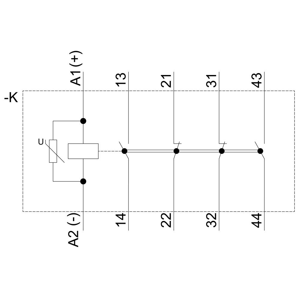 Ein Schaltplan zeigt einen einfachen elektrischen Stromkreis mit einem Relais, das vier Schaltkontakte (14, 22, 32, 44) steuert.