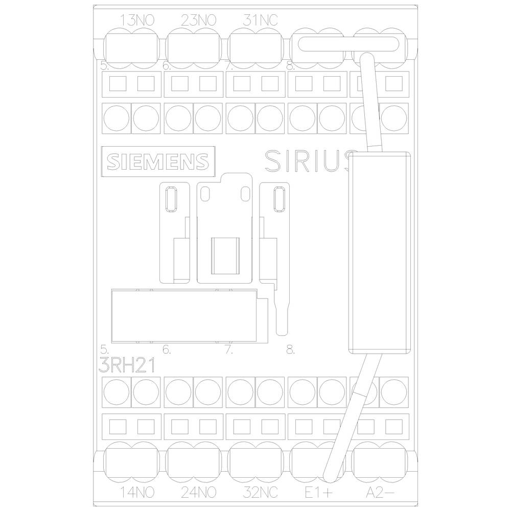 Elektroschaltgerät mit Beschriftungen: Siemens, Sirius, und 3RH21. Mehrere Anschlussklemmen sichtbar.