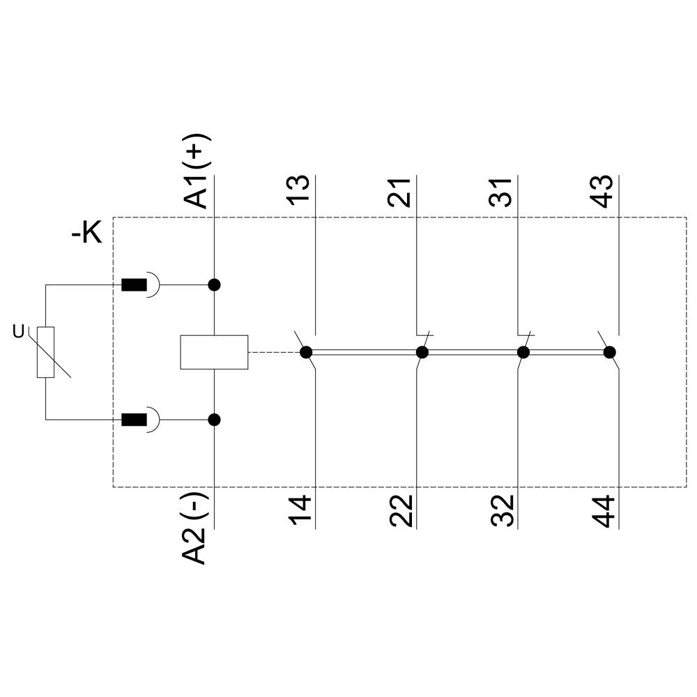 Schaltplan eines Relais mit Spule. Anschlüsse A1(+) und A2(-) verbinden den Stromkreis, Kontakte 13-14, 21-22, 31-32, 43-44 werden gesteuert.