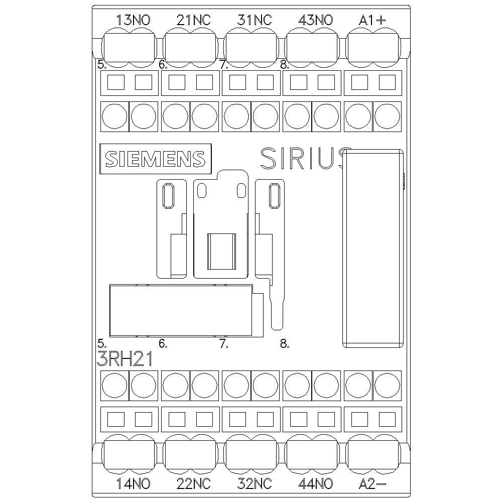 Diagramm eines Siemens Sirius Relaismoduls mit Anschlussklemmen. Oben und unten sind jeweils acht Klemmen angeordnet.