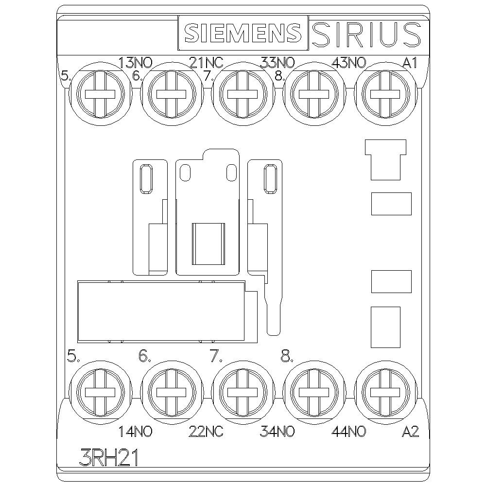 Darstellung eines Siemens SIRIUS-Schützes mit den Nummerierungen der Anschlüsse, die die Verbindungspunkte und Schaltkontakte zeigen.