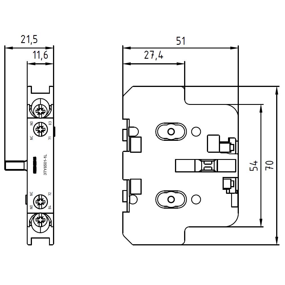 Technische Zeichnung eines elektrischen Bauteils mit Abmessungen: Breite 21,6 mm, Länge 70 mm, weitere Details für Montage und Anschlüsse.