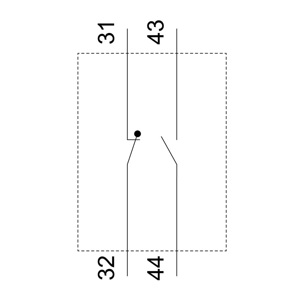 'Schließer-Kontakt (Normally Closed) 43-44' und 'Öffner-Kontakt (Normally Open) 31-32' in einem Schaltplansymbol dargestellt.