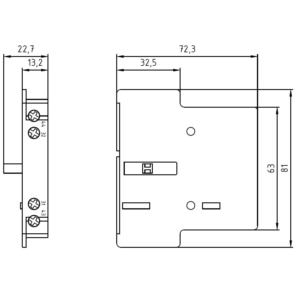 Technische Zeichnung eines rechteckigen Bauteils mit Abmessungen in Millimetern: 72,3 x 81 x 32,5 mit Bohrlöchern und Schraubplätzen.