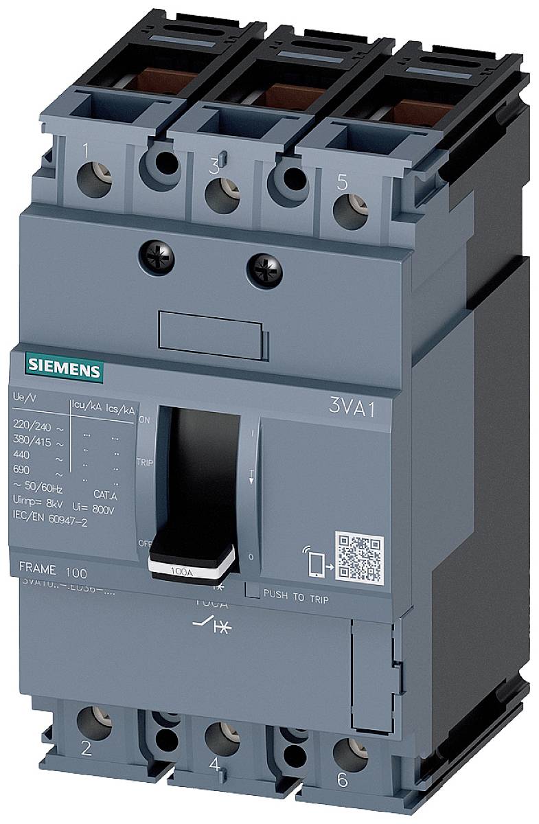 Abbildung eines Siemens 3VA1 Leistungsschalters. Drei Anschlüsse oben, Schaltgriff in der Mitte, technische Details rechts.