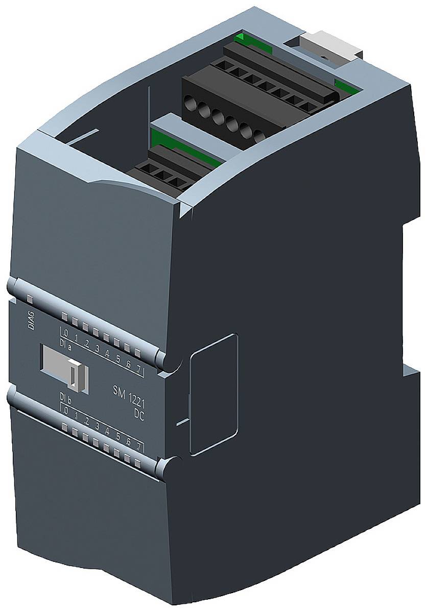 Ein dunkelgraues elektronisches Modul mit mehreren Anschlüssen und Schaltflächen, oft in industriellen Steuerungssystemen verwendet.