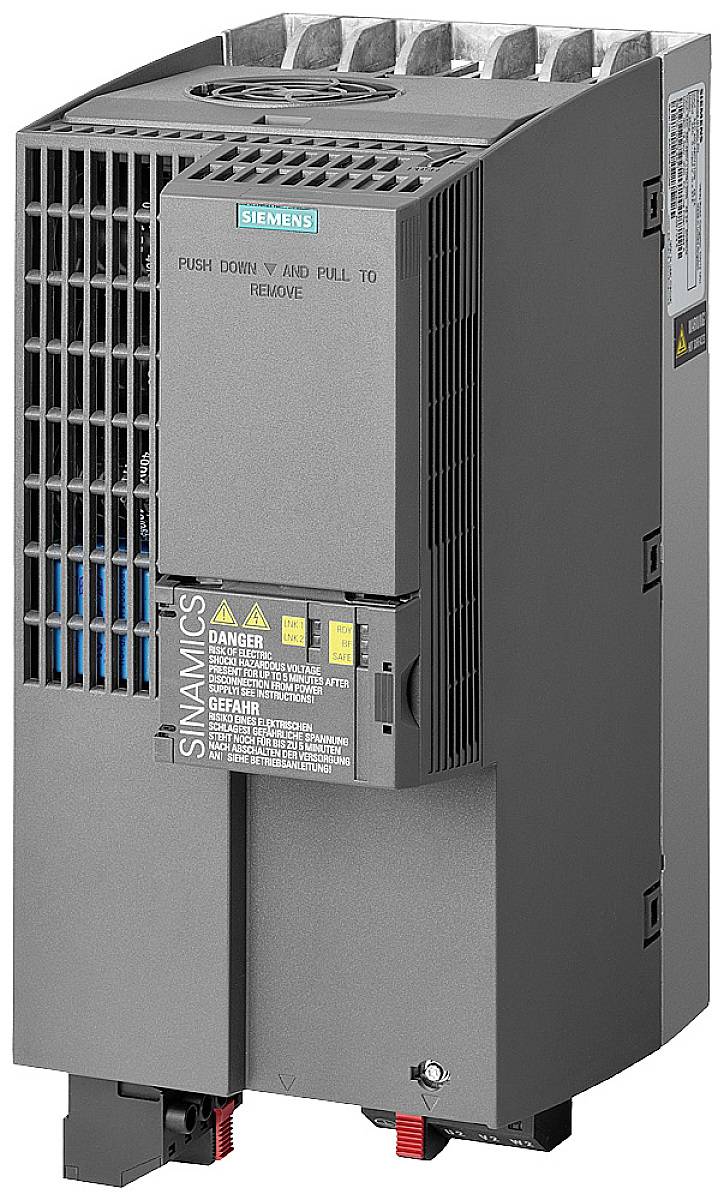 Siemens Frequenzumrichter in Grau mit Lüftungsschlitzen und Etiketten. Hauptkomponente zur Regelung von Elektromotoren.