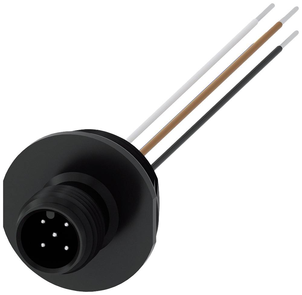 Ein runder, schwarzer Steckverbinder mit vier sichtbaren elektrischen Pins und drei angeschlossenen Kabeln in Weiß, Braun und Schwarz.