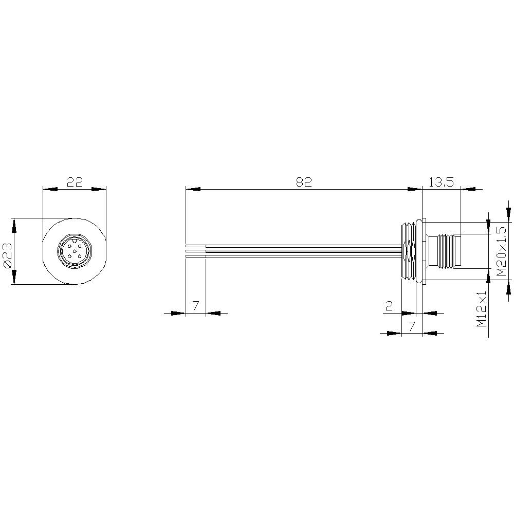 Zeichnung eines zylindrischen Steckverbinders mit Maßen: Gesamtlänge 82 mm, Durchmesser 23 mm, Gewinde M12x1.5, Kabelüberstand 7 mm.